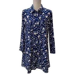 Mudpie Collins Cover Up Shirt Dress Tunic S Blue‎ White Leaf Print Lightw…